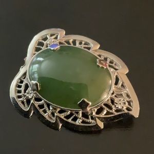 Vintage Silvertone Green Onyx Gemstone Art Deco Brooch